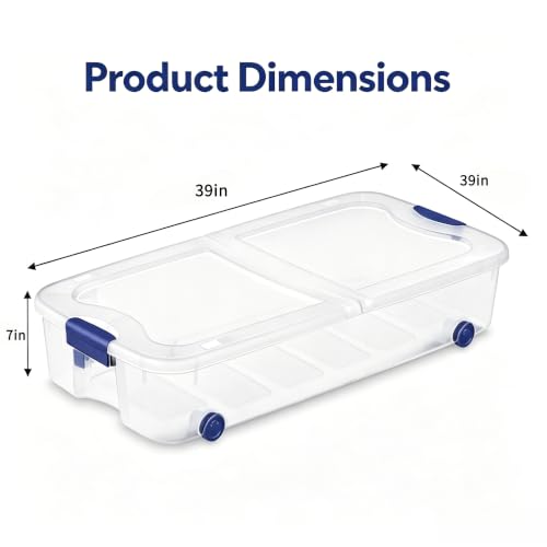 66 Quart Underbed Storage with Wheels, Plastic Under Bed Storage Bin with Latching Lid, Low Profile Rolling Organizer for Clothes, Shoes and Blankets, Clear, 1-Pack