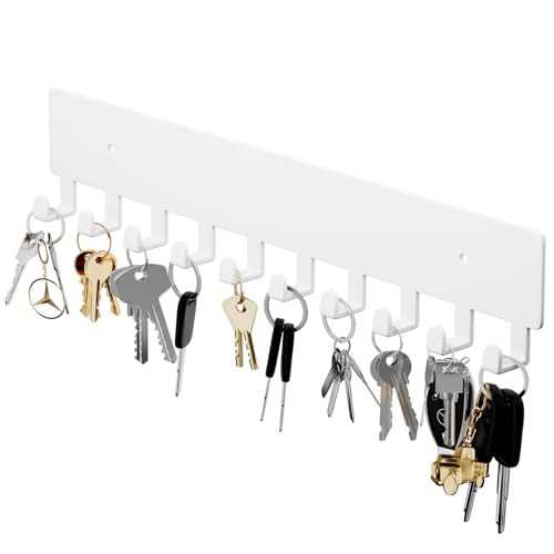 GTK Key Holder for Wall, Key Hooks with 10 Hooks, Wall Mounted Key Holder for Hallway, Self Adhesive Key Rack(White) - color: White