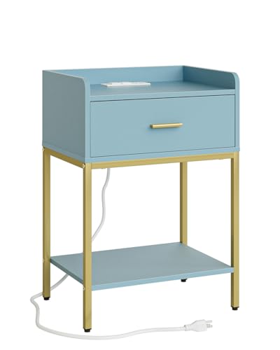 Masupu Nightstand with Charging Station,3-Tier Modern Bedside Night Stand with Storage Drawer and Shelf,Small End Side Table for Bedroom,Living Room,Gold and Blue - color: Outlet-blue