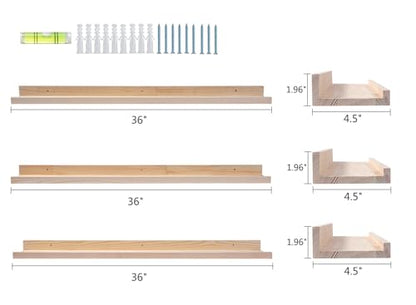 AZSKY 36 Inch Picture Ledge Shelf Solid Wood Large Floating Shelves Wall Mounted Rustic Natural Shelves for Home, Living Room, Bedroom, Bathroom, Office 3 Same Sizes - color: Natural, size: 36in set 3
