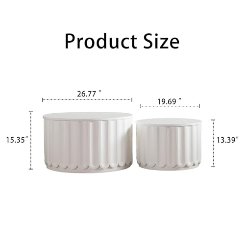 46.46'' White Round Coffee Table Set of 2 with Storage Space & Lift-Off Lid, Modern Circle Fluted Drum Nesting Coffee Table for Living Room, No Assembly, White - color: M3-46.46in-white
