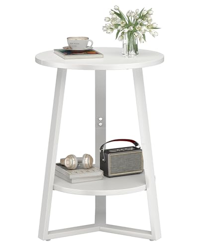 sthmec Small Round End Table, 2 Tier Side Table with Storage Shlef,Coffee Table Wooden Tabletop & Metal Frame,Round Accent Table Small Nightstands Couch Tables for Bedroom,Livingroom,White - color: White