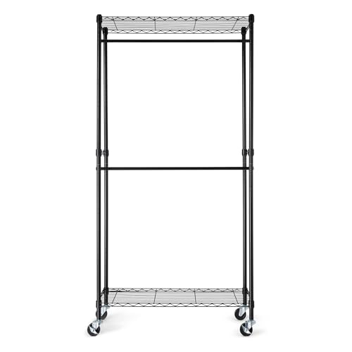 Amazon Basics Adjustable Double Rod Rolling Garment Rack, Hanging Clothes Closet Organizer with Wheels, Heavy Duty, 36" x 14" x 72", Black - color: Black