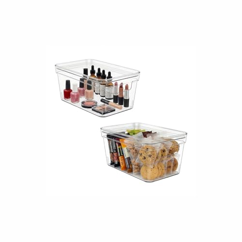 MOONEDGE 2 Pack 10x6x5 Stackable Small Clear Storage Bins with Lids | Plastic small item organizer containers with handles for vanity, craft, office, fridge, kitchen, pantry, bathroom and closet - size: 2 Pack