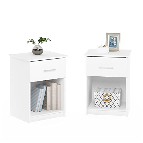 Furinno Tidur Nightstand, 2-Pack, Solid White | Bar Handle, with Storage Shelf, Bedside Table, End Table, Side Table, for Bedroom, Closet, Dorm - color: Solid White, style: 2-Pack Handle