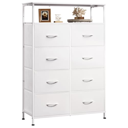 WLIVE 8 Drawer White Fabric Dresser Open Shelves,Tall Storage Tower | White 8-drawer fabric dresser with open shelves, great baby dresser for nursery kids bedroom closet toddler storage - color: White, style: Raised Shelves