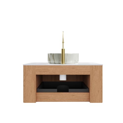 30" Floating Bathroom Vanity with Sink, Wall Mounted Plywood Cabinet, Natural Wood Grain Fluted Front, Sintered Stone Countertop, White Marble-Look Ceramic Vessel Sink, Soft-Close Drawer - color: Natural Oak Cabinet / White Marble Sink, size: 30 Inch