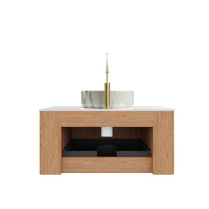 30" Floating Bathroom Vanity with Sink, Wall Mounted Plywood Cabinet, Natural Wood Grain Fluted Front, Sintered Stone Countertop, White Marble-Look Ceramic Vessel Sink, Soft-Close Drawer - color: Natural Oak Cabinet / White Marble Sink, size: 30 Inch