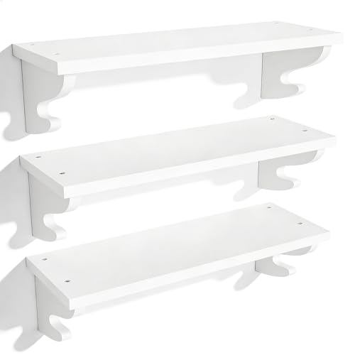 Alsonerbay 17-Inch Wood Floating Shelves for Wall 3-Pack, White | Built-in hook brackets, pre-drilled easy assembly, 54 lbs total capacity, ideal for plants & decor in family & nursery spaces - color: White