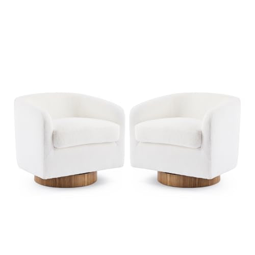 VINGLI 360°Swivel Accent Chairs Set of 2 with Engineered Wood Base and Removable Cushion for Living Room, Bedroom, Curved Back Barrel Chairs for Small Space, Upholstered Bucket Armchairs, Teddy White - color: Teddy-white