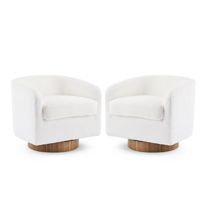 VINGLI 360°Swivel Accent Chairs Set of 2 with Engineered Wood Base and Removable Cushion for Living Room, Bedroom, Curved Back Barrel Chairs for Small Space, Upholstered Bucket Armchairs, Teddy White - color: Teddy-white