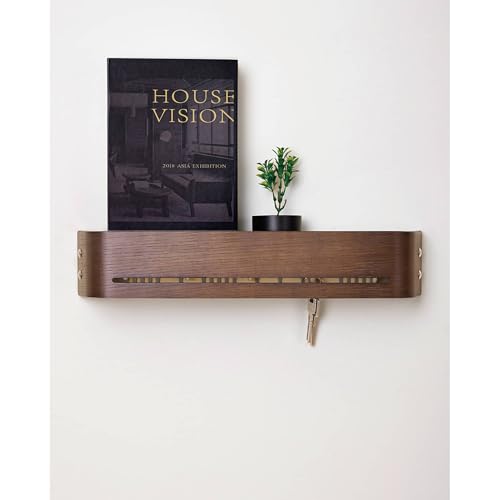 Key Holder Wall Mount with Shelf | Brown | 17 inch | 5 Retractable Hooks | Modern Wall Coat Hooks | Minimalist | Space-Saving | Wooden Key Rack for Entryway & Hallway - color: Brown
