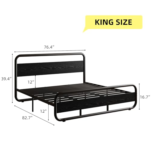 King Size Bed Frame, Wood Headboard and Footboard, LED Lights, Black | Metal Platform with Heavy Duty Metal Slats Support/12 in Under-Bed Storage/Noise-Free/No Box Spring Needed/Easy Assembly - color: Black, size: King (U.S. Standard)