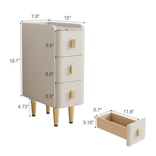 AQIMUELE Narrow Nightstand with Drawers, Narrow Side Table Leather, Small Bedside Tables for Bedroom. (White) - color: White, size: 7.8"W x 15"D x 22.8"H
