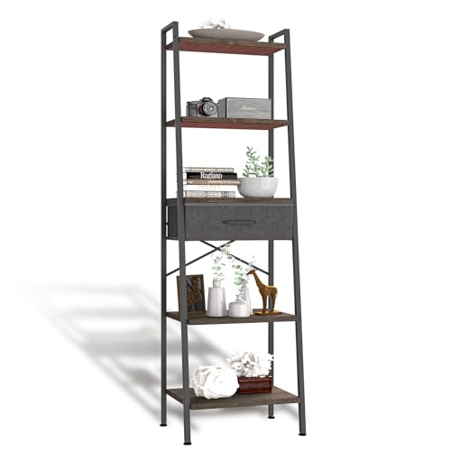 Whitmor 5-Tier Bookshelf with Drawer, Tall Narrow Bookcase with Wood Shelves & Metal Frame, Modern Display Storage Shelf for Living Room, Bedroom, Bathroom, Kitchen, Black
