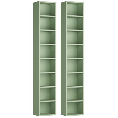 FOTOSOK 2 Pcs 71'' Tall Narrow Bookshelf, 8-Tier Media Tower Rack Set of 2 | CD DVD Storage Cabinet with Adjustable Shelves, Tall Narrow Bookcase Skinny Display Bookshelf Slim Shelf, Green - color: Green