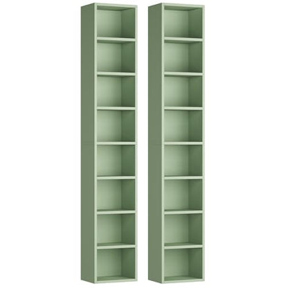 FOTOSOK 2 Pcs 71'' Tall Narrow Bookshelf, 8-Tier Media Tower Rack Set of 2 | CD DVD Storage Cabinet with Adjustable Shelves, Tall Narrow Bookcase Skinny Display Bookshelf Slim Shelf, Green - color: Green