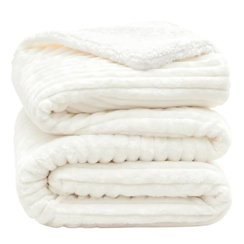 INFIIXSO Striped Sherpa Throw Blanket for Couch, Warm Plush, Cream, 90x90 | Super Soft Thick Warm Striped Sherpa Blanket for Bed Sofa, Cozy Plush Fluffy Throw Gift for Women, Room Decor, All Season Use - color: Cream, size: Queen(90"x90")