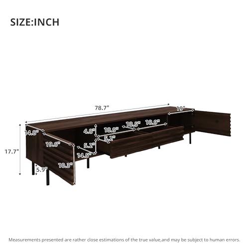 78 inch Modern TV Stand for 85 inch TV, Large Wood Entertainment Center with Slatted Doors and Cable Management, Industrial Media Console with Soft-Closing Hinges for Living Room, Dark Brown Walnut - color: Dark Brown-f