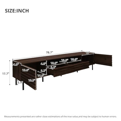 78 inch Modern TV Stand for 85 inch TV, Large Wood Entertainment Center with Slatted Doors and Cable Management, Industrial Media Console with Soft-Closing Hinges for Living Room, Dark Brown Walnut - color: Dark Brown-f