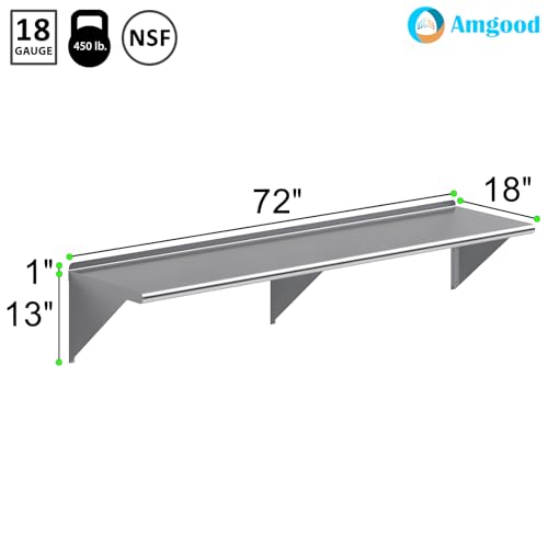 AmGood 18 in. x 72 in. Stainless Steel Wall Shelf | NSF | Metal Shelving | Garage, Laundry, Storage, Utility Room | Restaurant, Commercial Kitchen - size: 18 in. x 72 in.