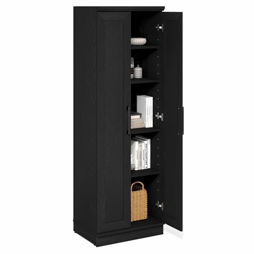 Furinno Robin Storage Cabinet, 5-Tier Pantry Cabinet with Adjustable Shelves, 23W with 2 Shaker-Doors, Kitchen Cabinet, Organization and Storage, for Pantry, Living Room, Home Office, Black Woodgrain - color: Black Woodgrain, size: 5-Tier with Double Door