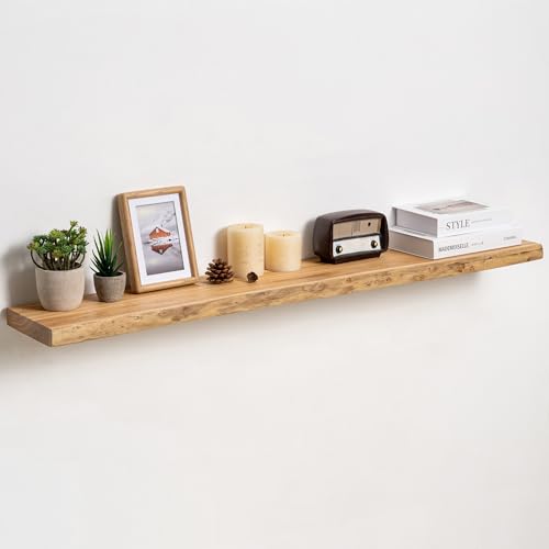 Fun Memories Floating Shelves for Wall, Solid Elm Wood Live Edge Floating Shelf, 48 x 8 Inch Rustic Wall Shelf with Invisible Brackets for Living Room Bedroom Kitchen, Natural - color: Natural Finish, size: 48", Single