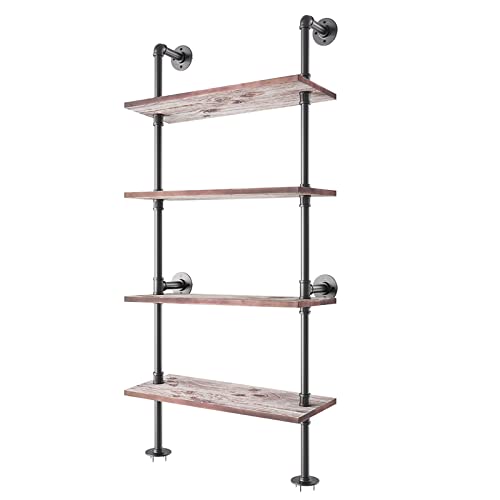 Yuanshikj 4 Tier with 24" Solid Wood Planks, Industrial Pipe Ladder Shelf | Metal Iron Rustic Wall Mounted for Living Room,Office, Decor Storage,Bookshelf - size: 4 Tier With 24" Solid Wood