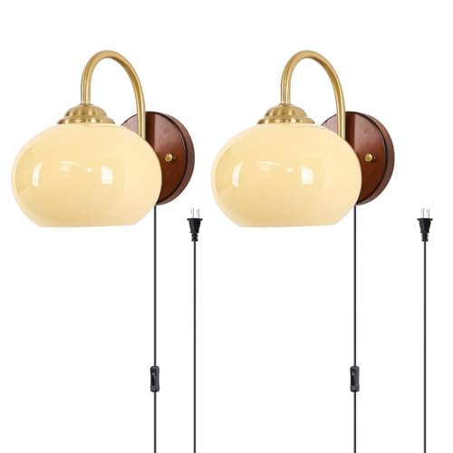 KCO Lighting Plug in Wall Sconces Set of Two Vintage Farmhouse Gold Wall Sconces Mid Century Modern Glass Wall Sconce Plug in Bedroom Wall Lights Set of 2 - color: Yellow-2PC