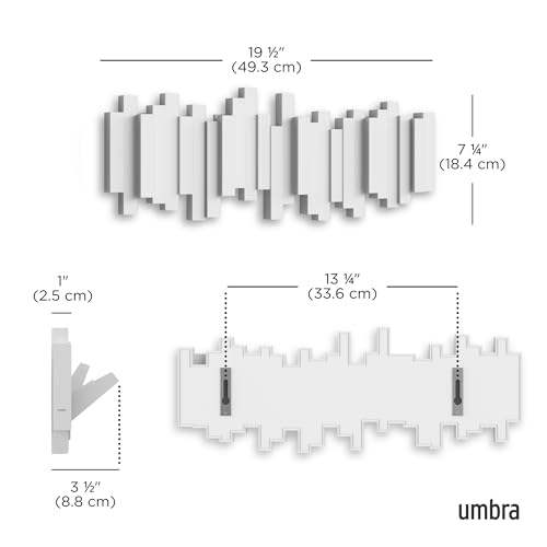 Umbra Sticks Wall Mount Coat Rack, 5 Hook Retractable Pegs, White | Mounting hardware included, sculptural modern design, entryway or bedroom use, recycled plastic - color: White, size: 5-Hook
