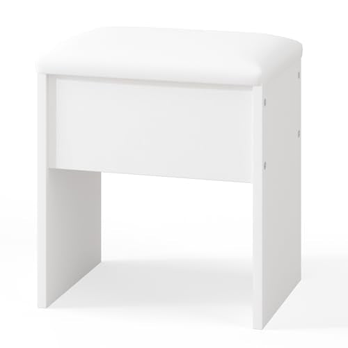 LIVELYGLOW Small Makeup Vanity Stool,15.7" W x 10.2" D x 16.7" H，White（Easy Assembly,PU Cushion Mat, Footstool） - color: Pure White