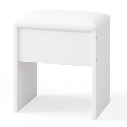 LIVELYGLOW Small Makeup Vanity Stool,15.7" W x 10.2" D x 16.7" H，White（Easy Assembly,PU Cushion Mat, Footstool） - color: Pure White