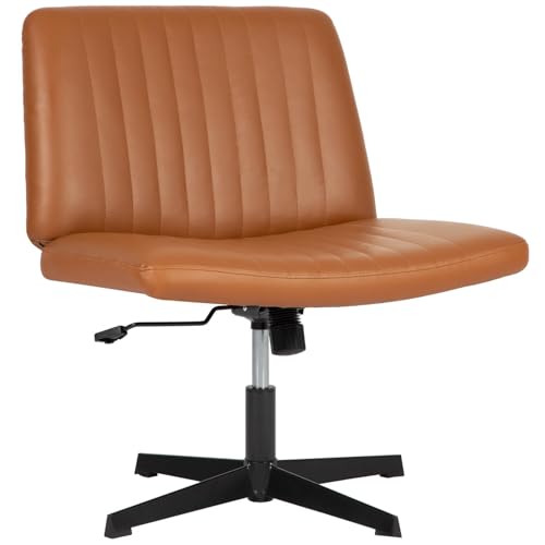 Criss Cross Chair, Armless Cross Legged Office Chair, Comfortable Vanity Chair with Back, Fabric Adjustable Wide Swivel Criss Cross Desk Chair for Home Office, Brown - color: Brown