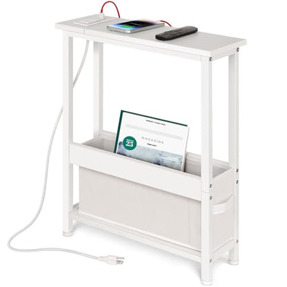 BAMGROW Slim Charging End Table with Storage - for Small Spaces and Bedroom (White) - color: White