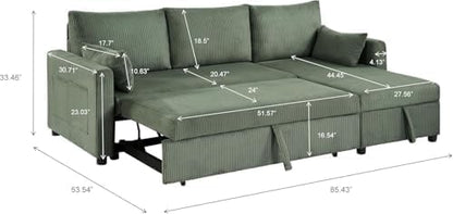 85'' Queen 3-Seat Pull Out Sleeper Sofa Bed with Storage, Green | Convertible Sofa Bed with Storage, 85 Inch,L Shaped 3 Seat Sectional Sleeper Sofa - color: C-green-3r