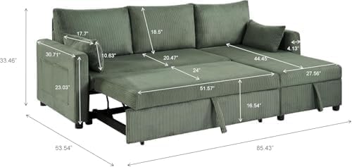 85'' Queen 3-Seat Pull Out Sleeper Sofa Bed with Storage, Green | Convertible Sofa Bed with Storage, 85 Inch,L Shaped 3 Seat Sectional Sleeper Sofa - color: C-green-3r