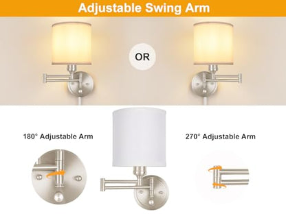 Plug in Wall Sconces with Remote Control, Dimming & Adjustable Colors 2700K-6500K, Hardwire or Plug-in, Swing Arm Wall Lamp with White Fabric Shade, Wall Sconces Set of Two, Brushed Nickel Finish - color: Brushed Nickel & White