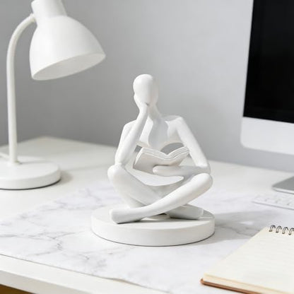 Bookshelf Decor Thinker Statue - Abstract Art Reading Thinker Sculpture Figurine Aesthetic, Modern Home Decoration for Living Room Office Shelves Coffee Table Desk Decor(White)