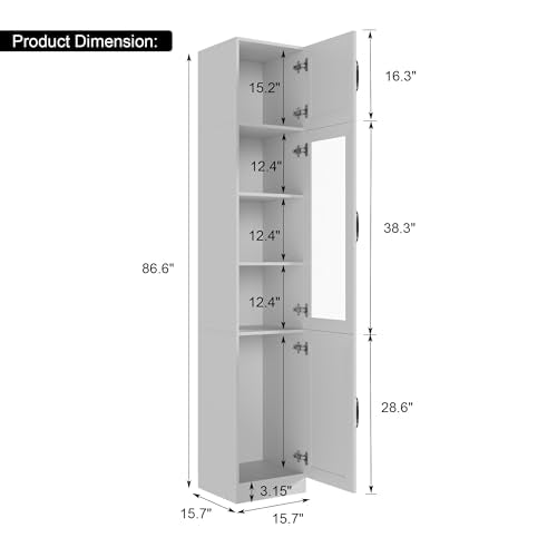 Bobve 86.6" H Extra Tall Narrow Storage Cabinet, Tall Bathroom Cabinet with Glass Door and Shelves, 5-Tier Free-Standing Cube for Bathroom, Living Room, Kitchen, White - size: 1-Pack