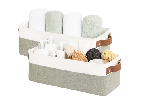 StorageWorks Narrow Storage Bins, Long Baskets, Green and White, 2-Pack | With Metal Frame, Sturdy Structure, PU Handles, Toilet Paper Storage, Small Storage Bins for Bathroom, Closet, Shelf - color: Green and White, size: 15"L x 6"W x 5"H