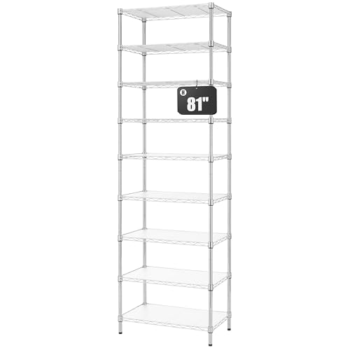 Finnhomy 9-Tier Wire Shelving Unit Adjustable Steel Wire Rack Shelving, 81 Inches Height 9 Shelves Metal Storage Rack, Pantry Shelves for Storage with PE mat, NSF Certified, Chrome - color: Chrome, size: 81 Inches