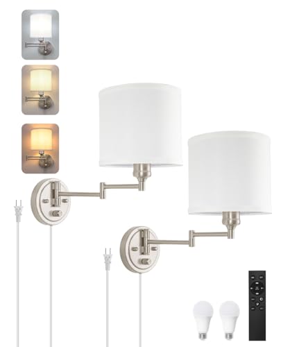 Plug in Wall Sconces with Remote Control, Dimming & Adjustable Colors 2700K-6500K, Hardwire or Plug-in, Swing Arm Wall Lamp with White Fabric Shade, Wall Sconces Set of Two, Brushed Nickel Finish - color: Brushed Nickel & White