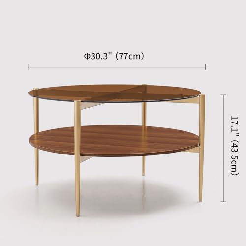 LumFurn Round Coffee Table, Mid-Century Modern Design, D30 x H17, for Living Room, 2-Tier Structure, Amber Glass Top and Walnut MDF Shelf, Sleek Conical Metal Legs with Gold Finish - color: D30" Amber & Walnut