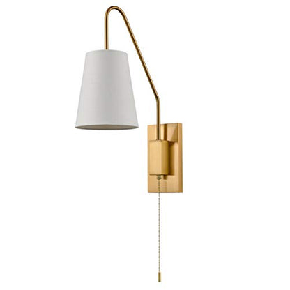 Modern Brass Set of 2 Plug-in Wall Sconces, Linen Fabric Shade | Pull Chain Switch, 2-in-1 Plug-in & Hardwired, Ideal for Bedroom, Hallway & Foyer