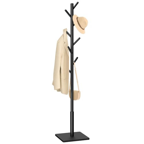 Yawinhe Wooden Coat Rack Freestanding,Hall Tree with 8 Hooks,Black | 3 Adjustable Heights Coat Standing Tree; Sturdy Clothes Stand with Square Base; Coat Tree for Entryway, Hallway - color: Black