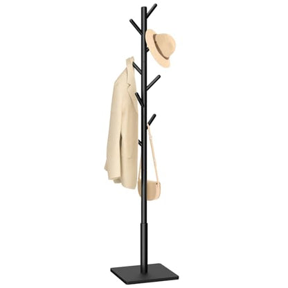 Yawinhe Wooden Coat Rack Freestanding,Hall Tree with 8 Hooks,Black | 3 Adjustable Heights Coat Standing Tree; Sturdy Clothes Stand with Square Base; Coat Tree for Entryway, Hallway - color: Black