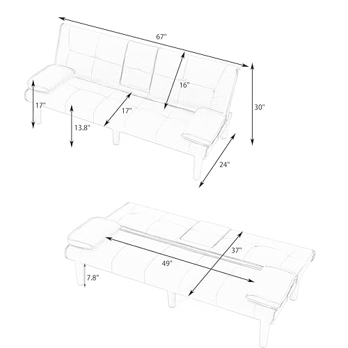 67" Futon Sofa Bed, Convertible Leather Futon Couch (Black) | Sleeper Bed Couches with Adjustable Backrest, Cup Holders, Comfy Folding Loveseat Couch for Small Spaces Living Room Office - color: Black