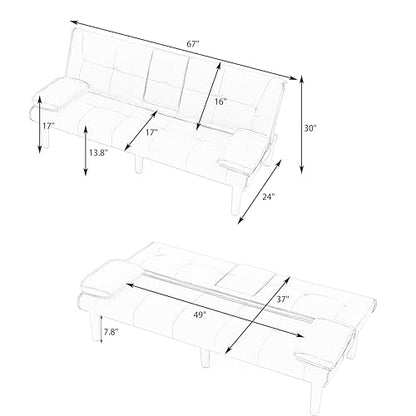 67" Futon Sofa Bed, Convertible Leather Futon Couch (Black) | Sleeper Bed Couches with Adjustable Backrest, Cup Holders, Comfy Folding Loveseat Couch for Small Spaces Living Room Office - color: Black