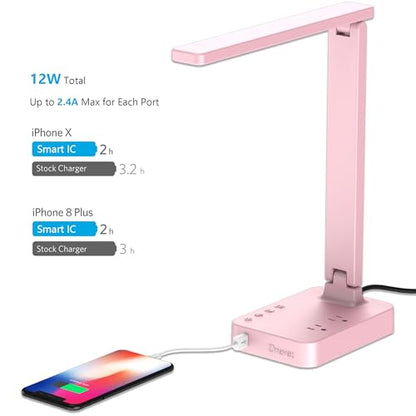 Drevet LED Desk Lamp, Desk Light with 1 USB Charging Port and 2 AC Power Outlet, 3 Lighting Modes, 3 Level Brightness,1H Timer, Touch Control, Eye-Caring Home Office Foldable Table Lamp (Pink) - color: Pink Classic 1USB/2AC