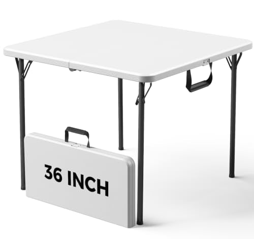 36" Square Folding Table, Portable Card Table with Built-in Handle, Support up to 400 LBS, Heavy Duty Foldable Table No Assembly, for Camping, Picnic, BBQ, Party, Indoor Outdoor Use, White - color: White, size: 3FT